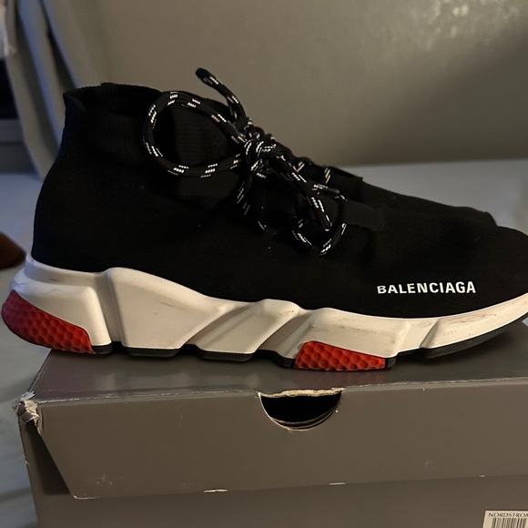 Balenciaga Other - Balenciaga Black and White High-Top Sneakers with Red Accents